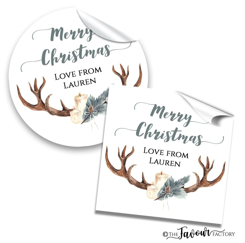 Personalised Christmas Stickers Antler & Candles