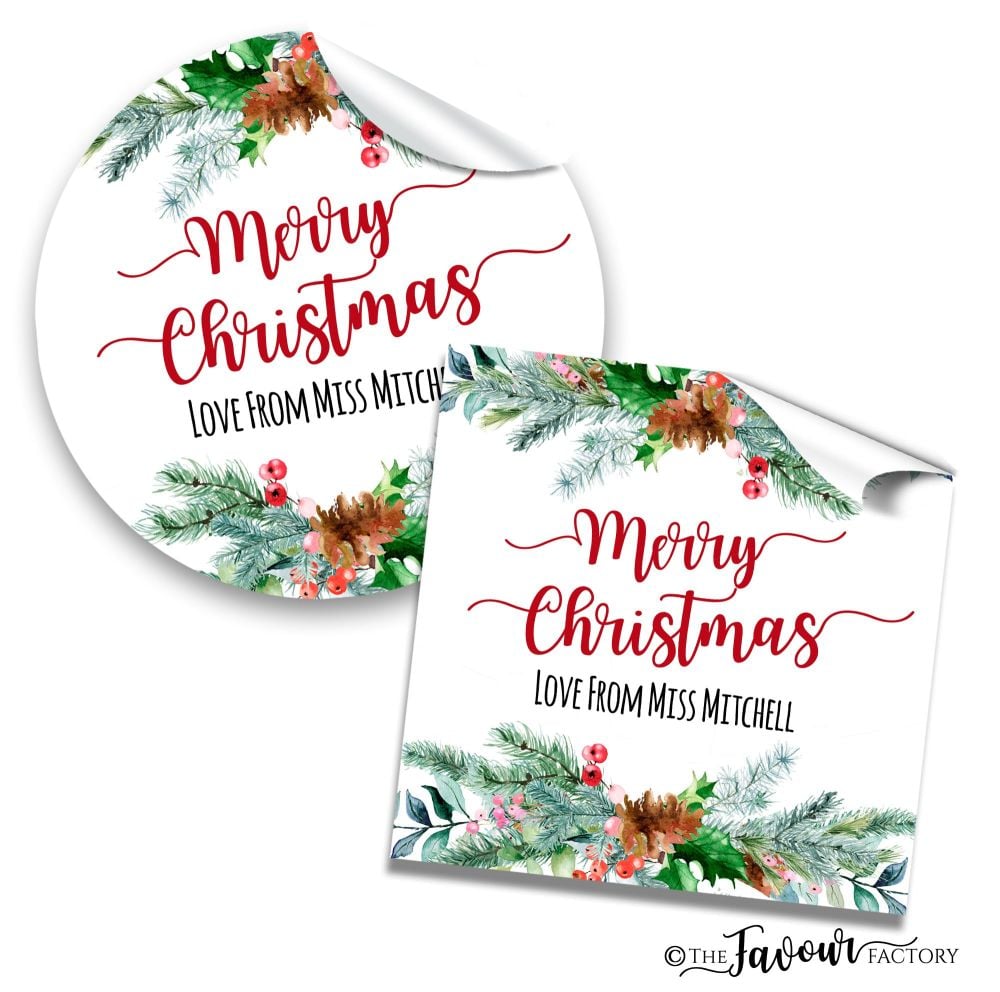 Personalised Christmas Stickers Holly Pinecone Berry Bouquet