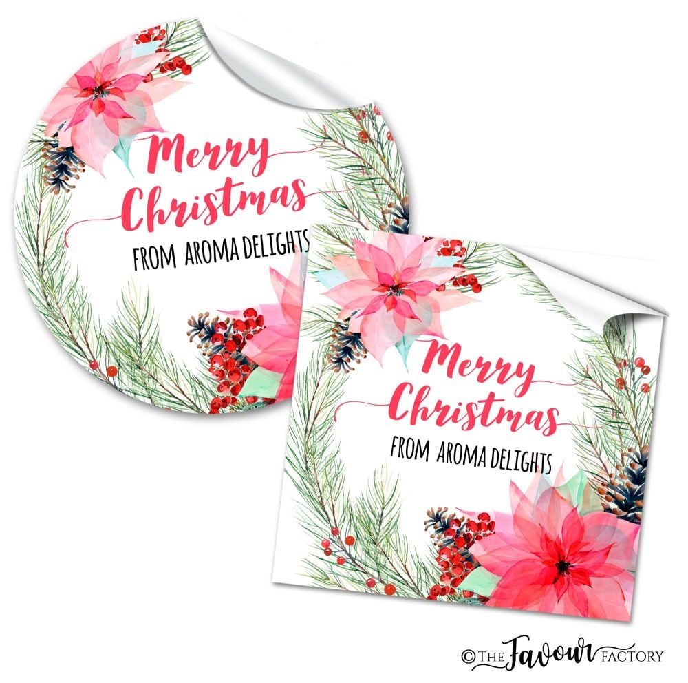 Personalised Christmas Stickers Flaming Poinsettia Wreath