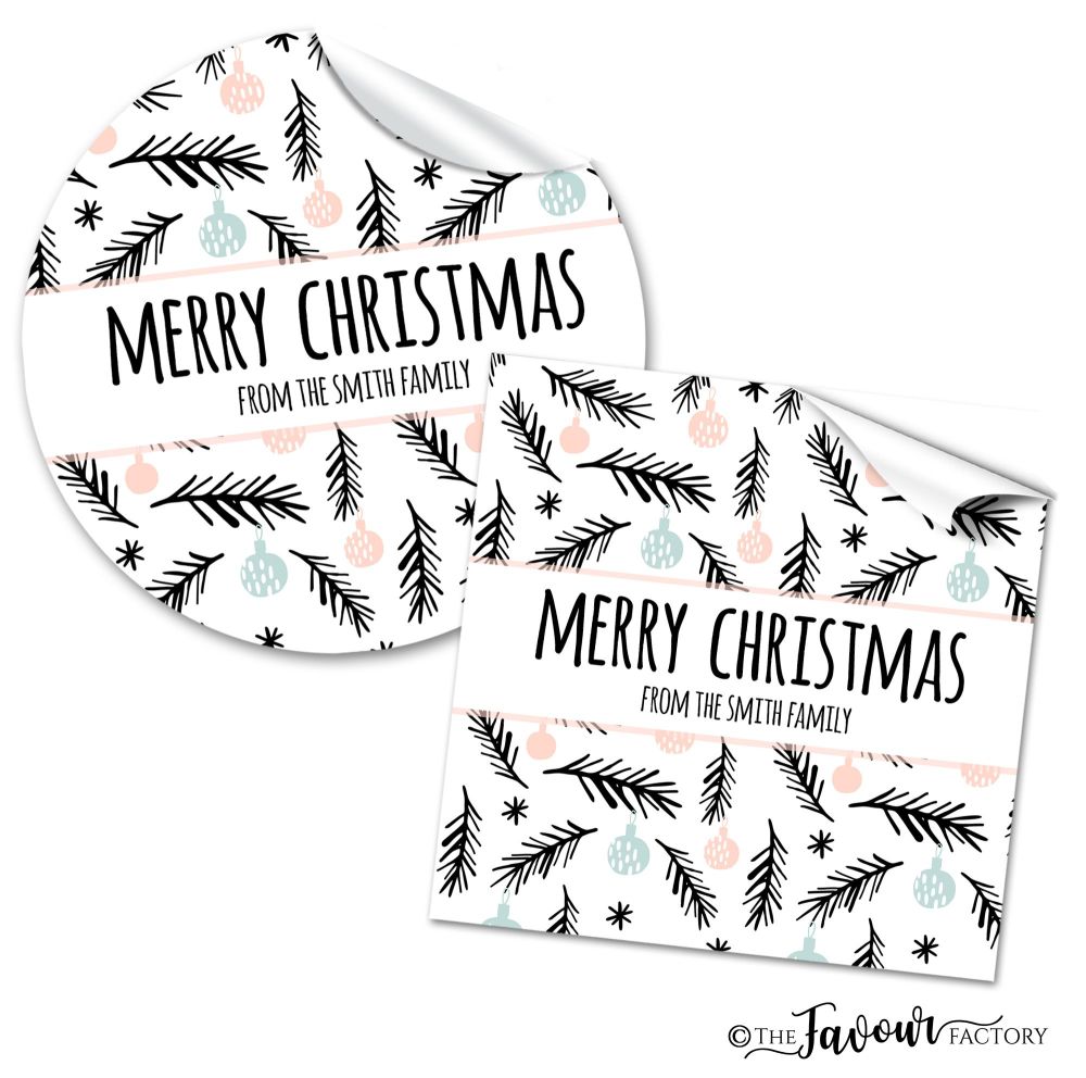 Personalised Christmas Stickers Modern Pine & Baubles