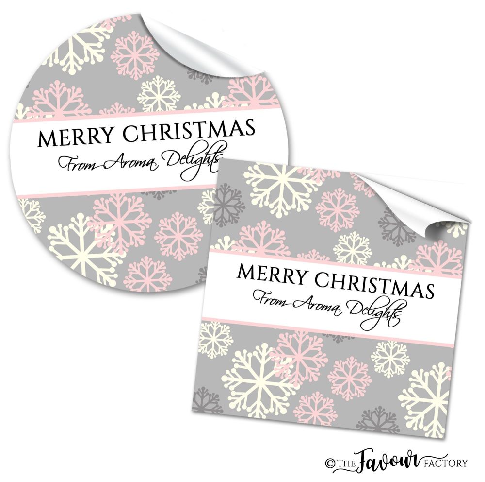 Personalised Christmas Stickers Pink & Grey Snowflakes