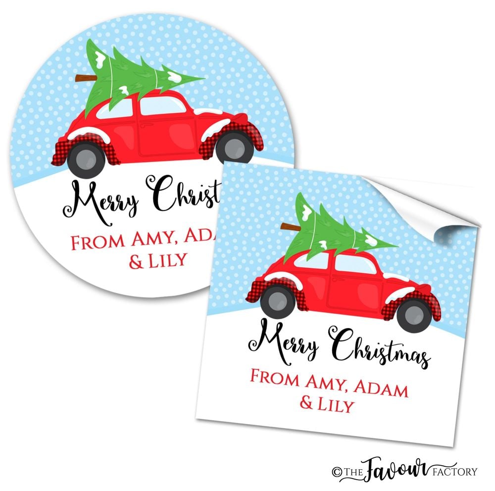Christmas Stickers Vintage Car Carrying Tree