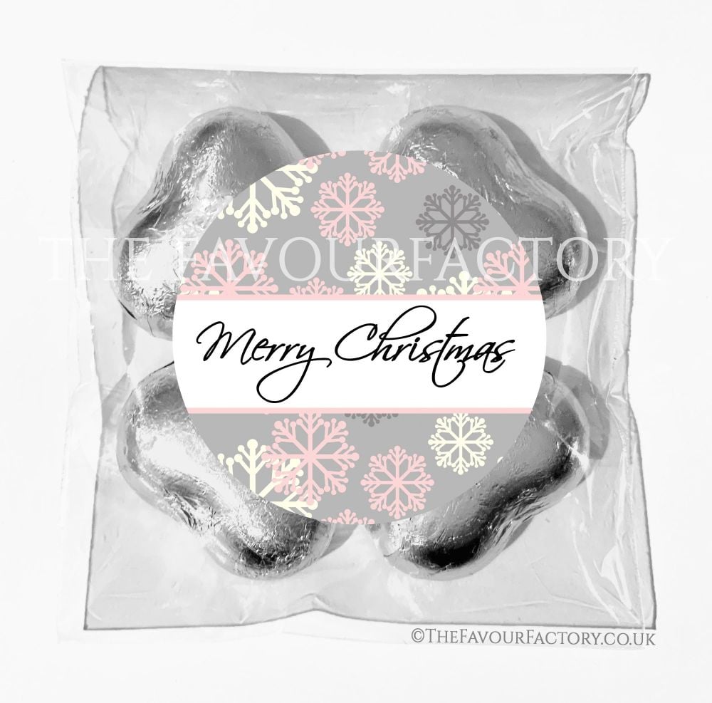 Personalised Christmas Chocolates Bags Pink And Grey Snowflakes