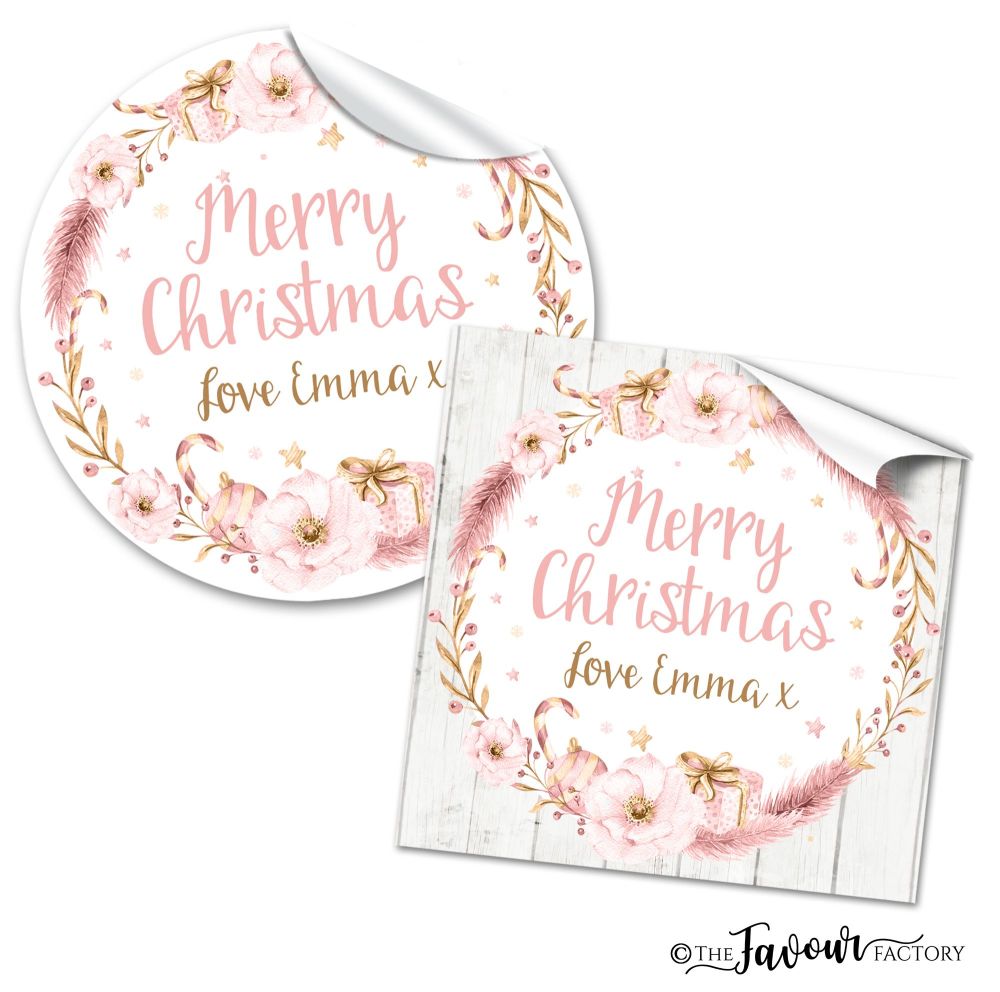 Personalised Christmas Stickers Blush Pink Floral Wreath