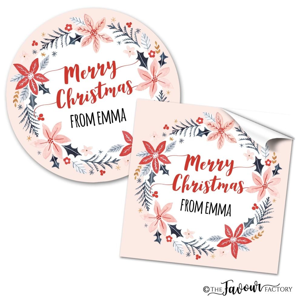 Personalised Christmas Stickers Scandi Winter Holly Wreath