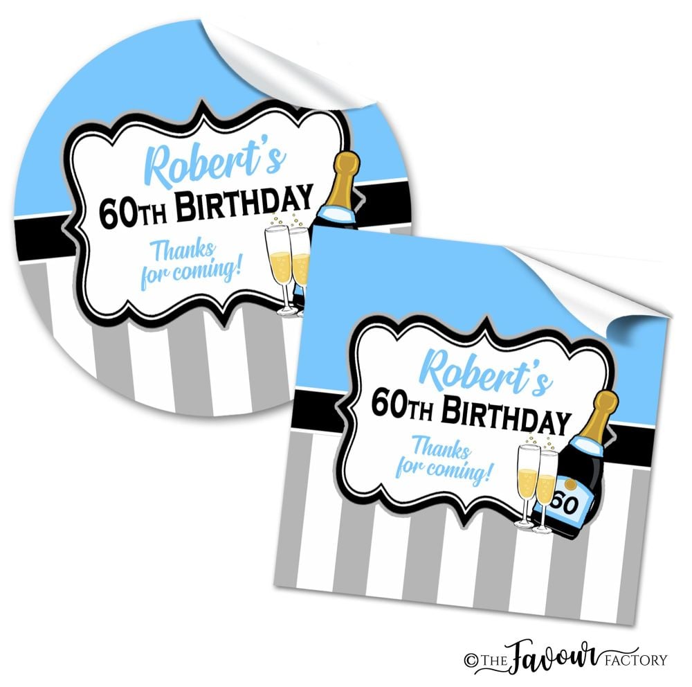 Personalised Birthday Stickers Champagne Stripes Sky Blue