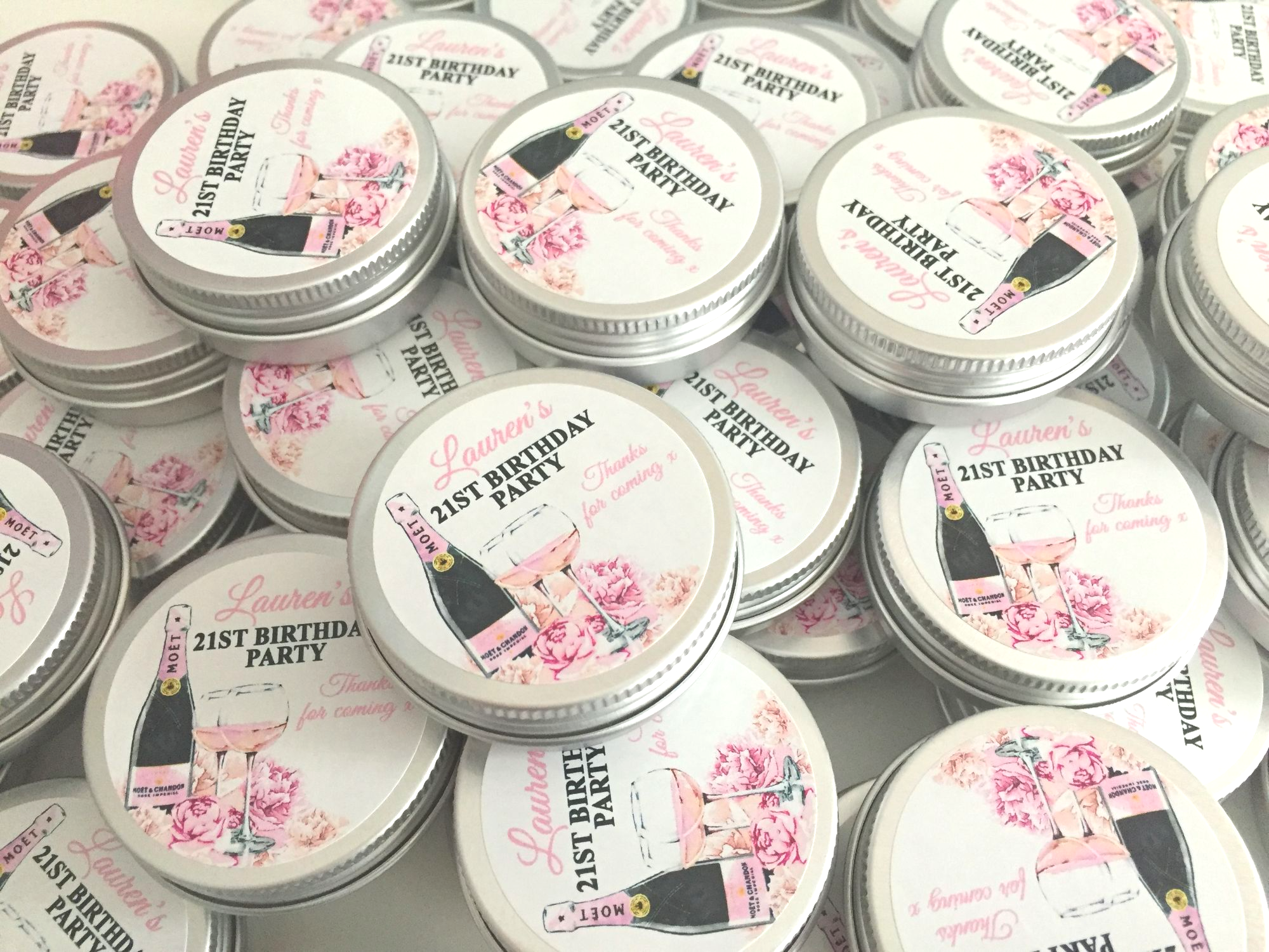 pink champagne birthday favour tins