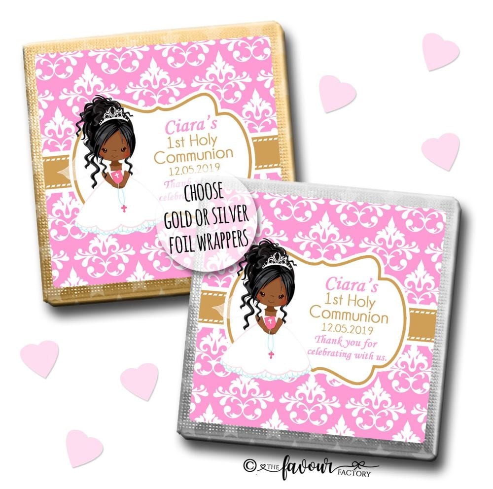 Communion Chocolates Squares Black Girl Damask x10