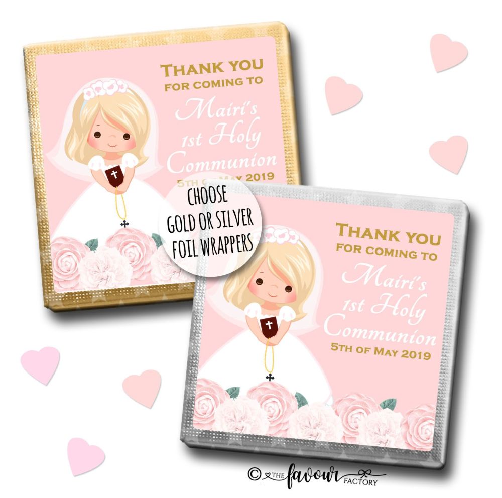 Communion Chocolates Squares Blonde Girl Damask x10