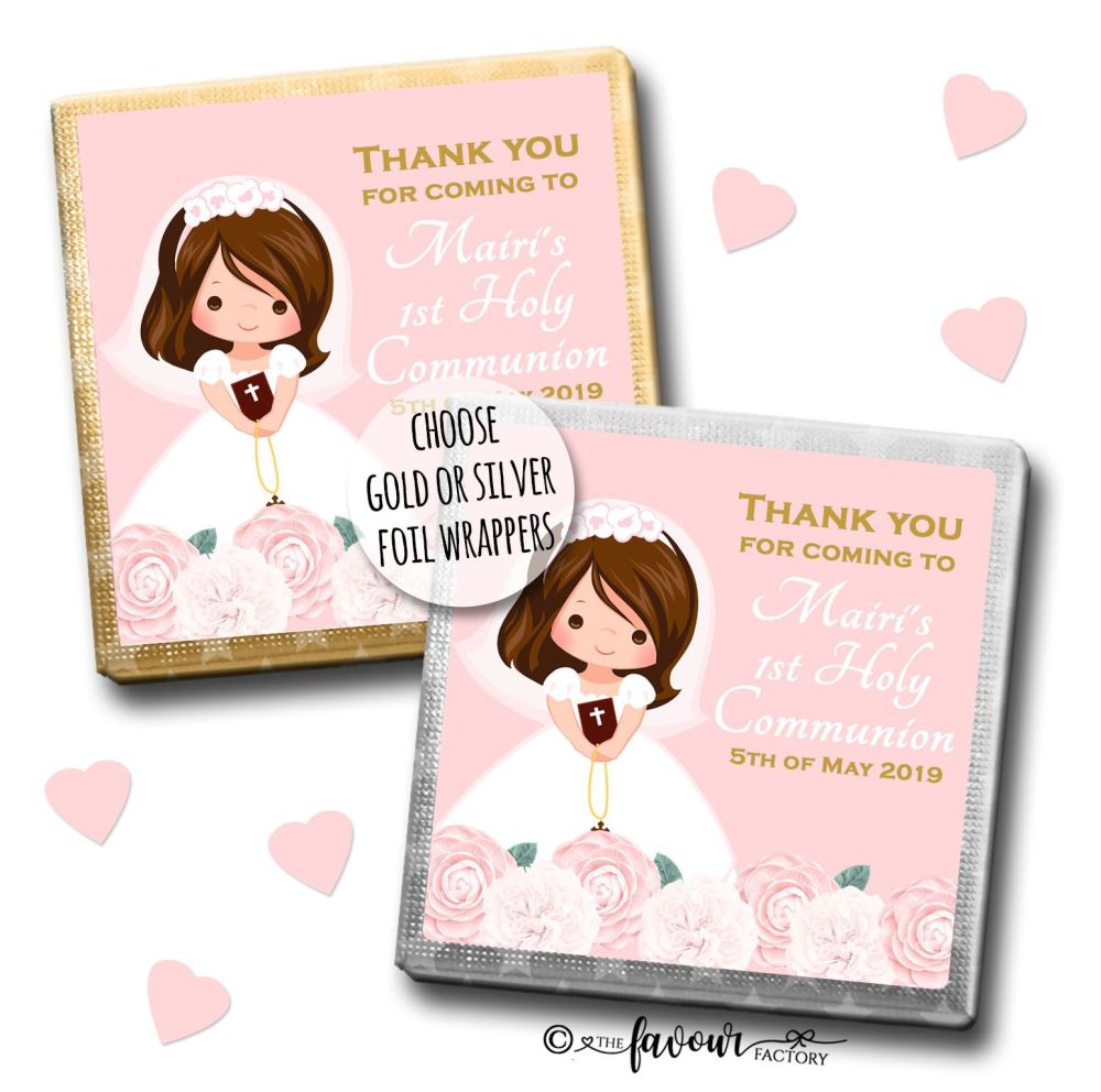 Communion Chocolates Squares Brunette Girl Florals x10