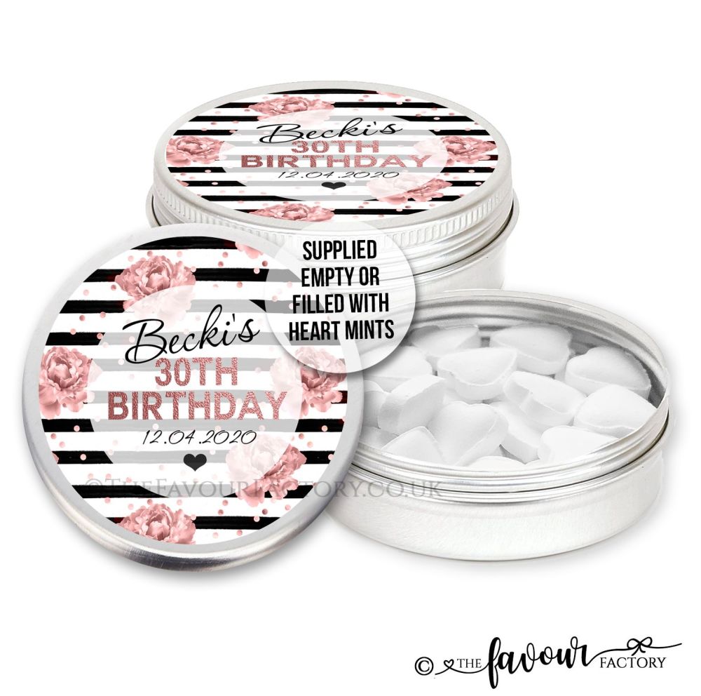 Adult Birthday Favours Tins Floral Black Stripes Rose Gold Confetti x1
