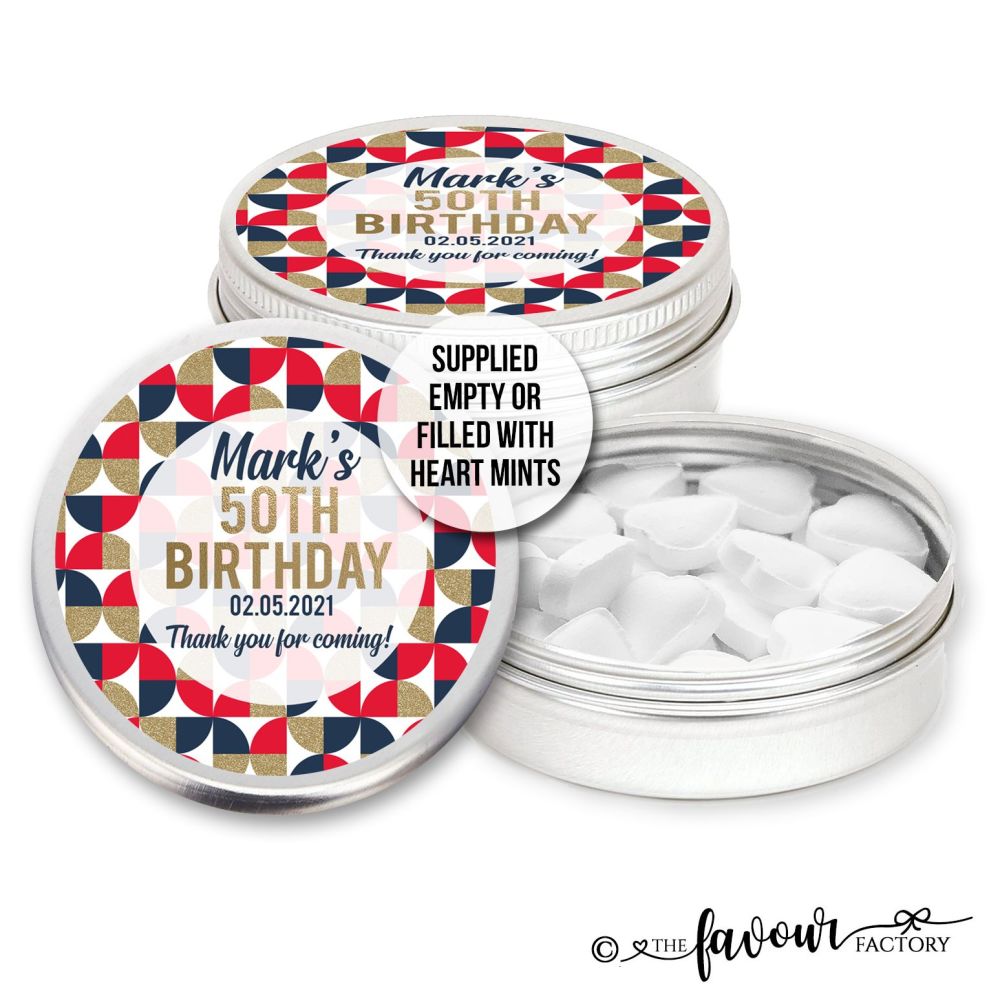 Adult Birthday Favours Tins Geo Shapes Red Navy Gold x1