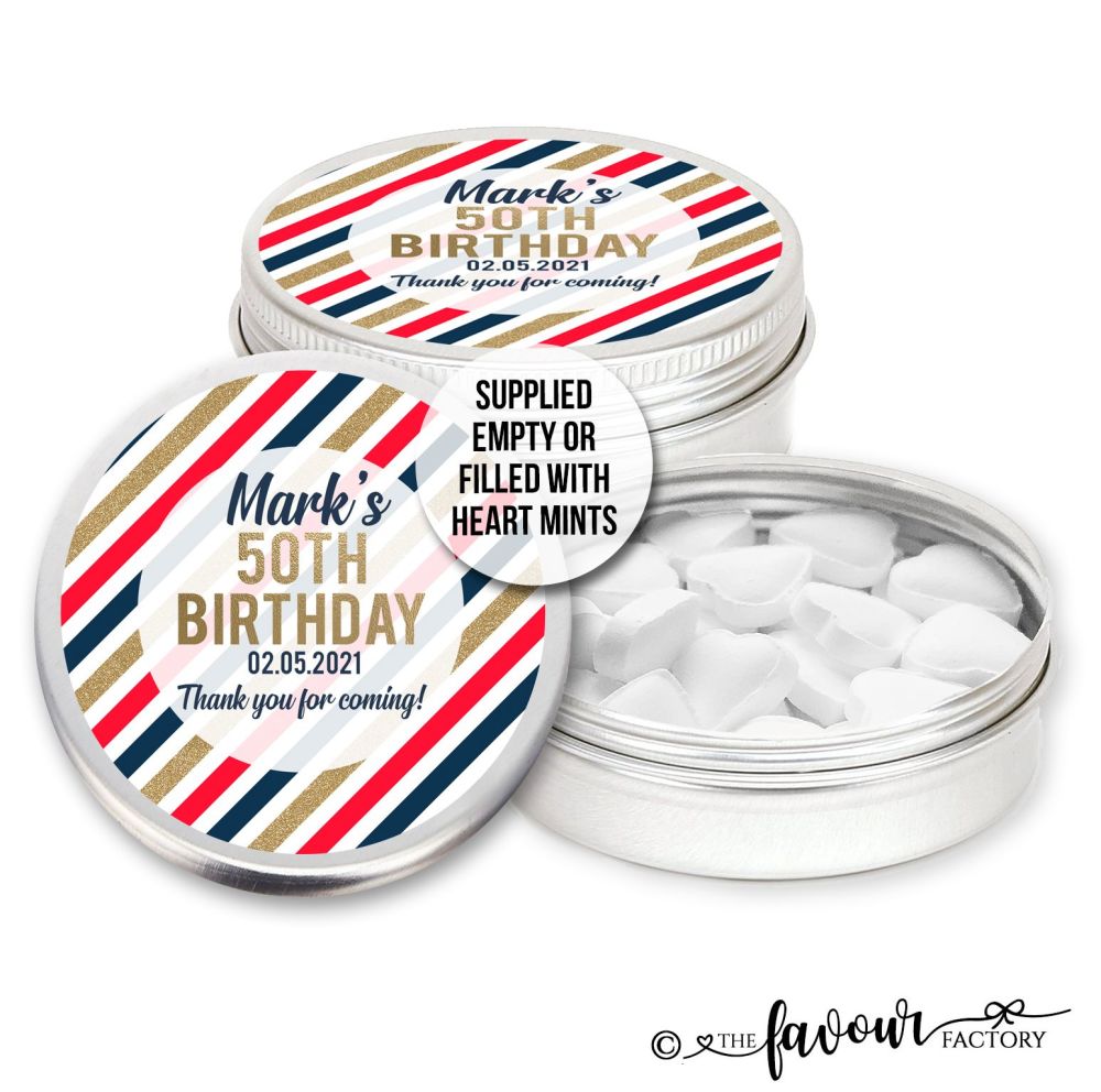Adult Birthday Favours Tins Stripes Red Navy Gold x1