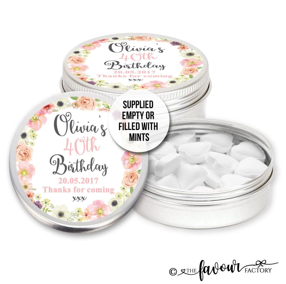 Adult Birthday Favours Tins Watercolour Floral Wreath x1