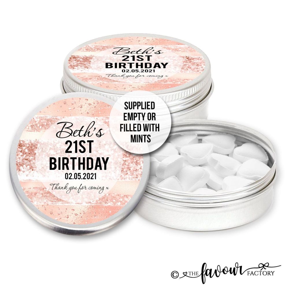 Adult Birthday Favours Tins Rose Gold Brush Strokes x1
