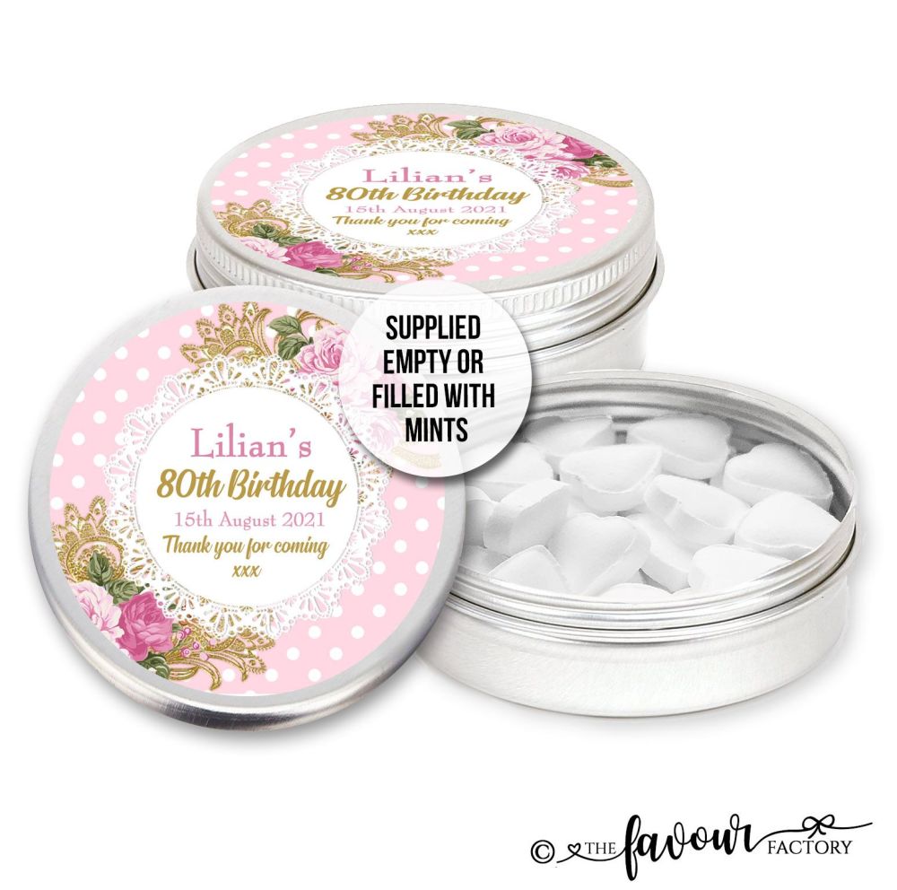 Adult Birthday Favours Tins Vintage Ornate Roses x1