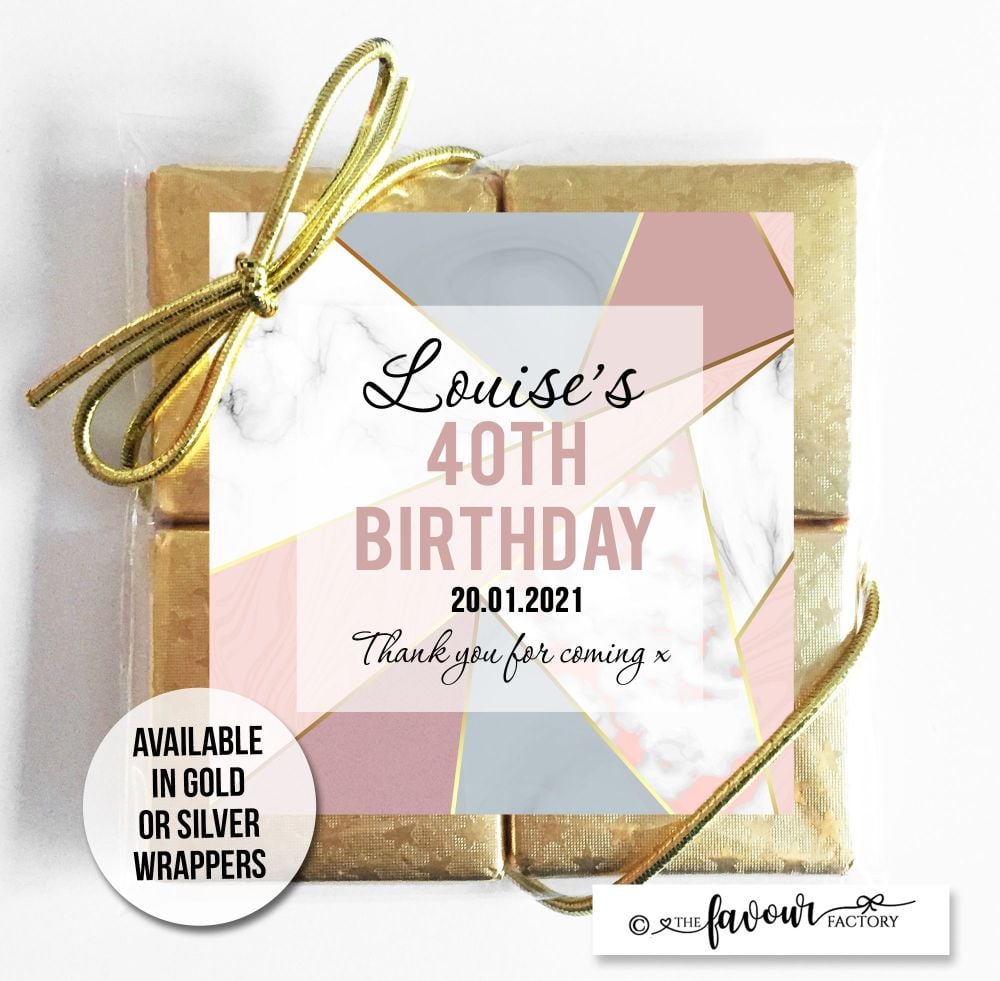 Adult Birthday Chocolates Quads Geo Marble Gold Foil Pink x1