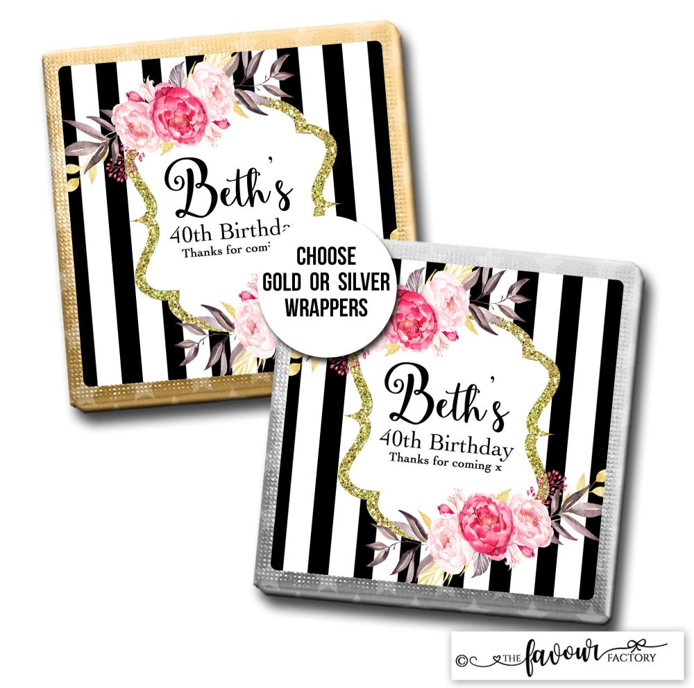 Birthday Favours Chocolates Black Stripe Florals x10