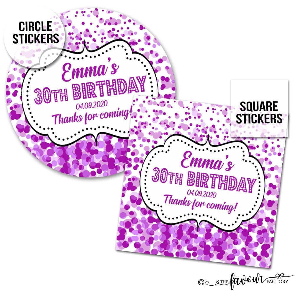 Personalised Birthday Stickers Confetti Purple