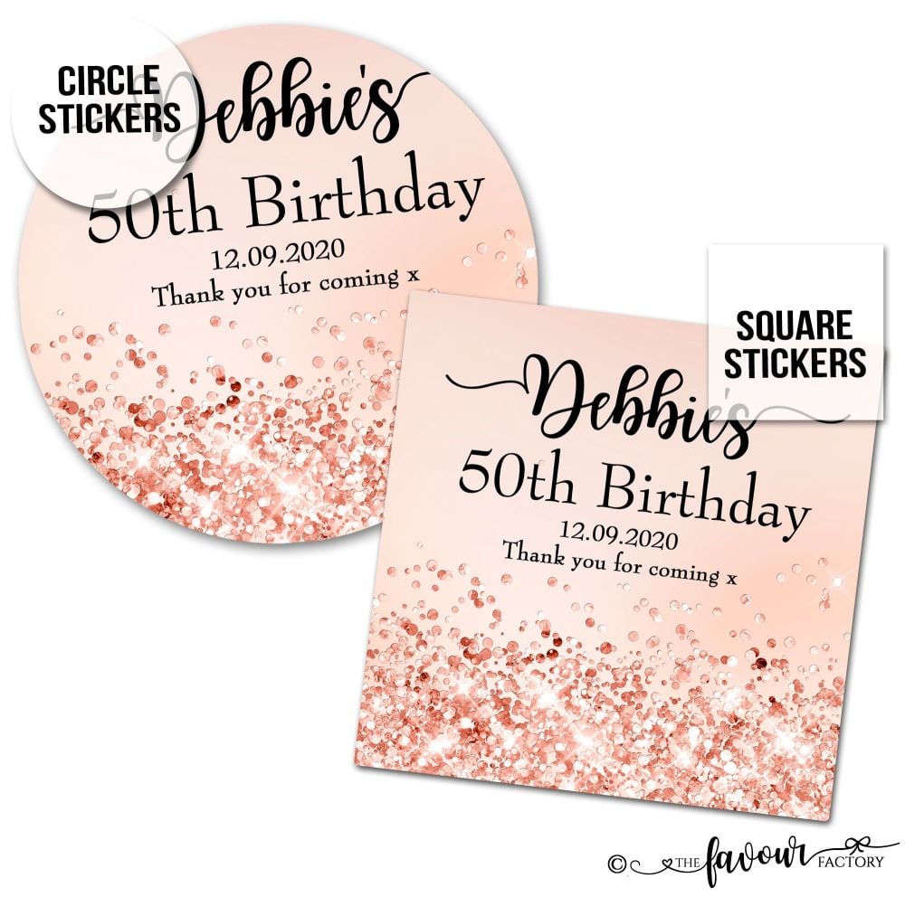 Personalised Happy Birthday Stickers Rose Gold Glitter Sparkles
