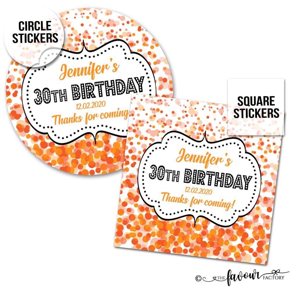 Personalised Birthday Stickers Confetti Orange