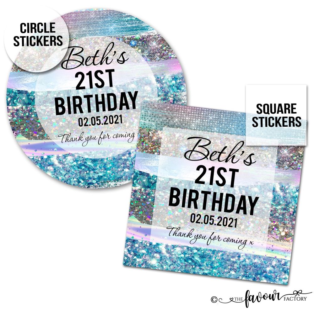Personalised Happy Birthday Stickers Blue Iridescent Glitter Strokes