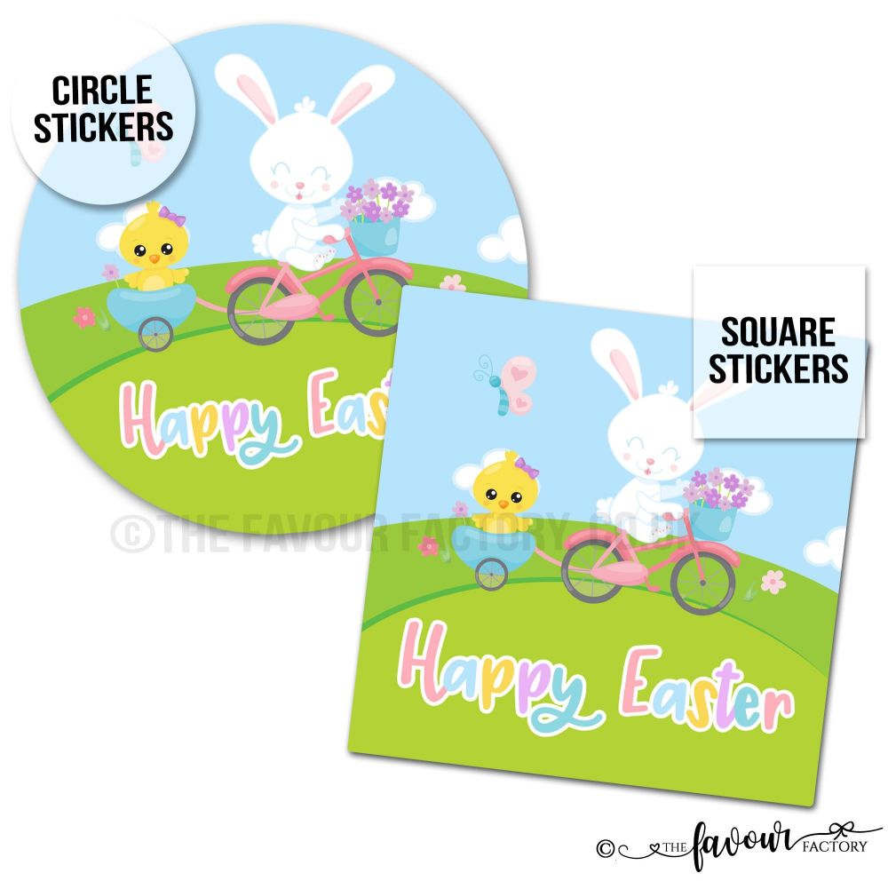 Happy Easter Bunny on Bike with Chick Stickers