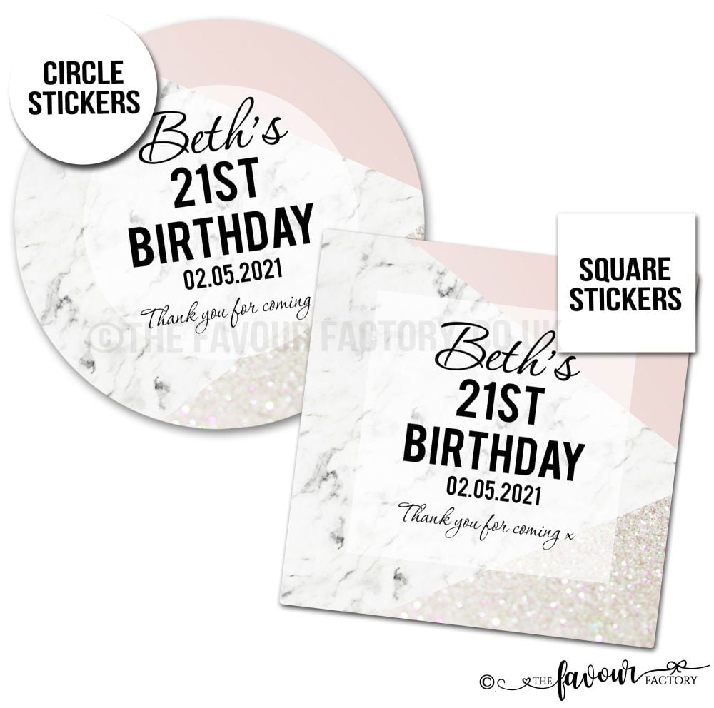 Personalised Birthday Stickers Marble Pink & White Glitter