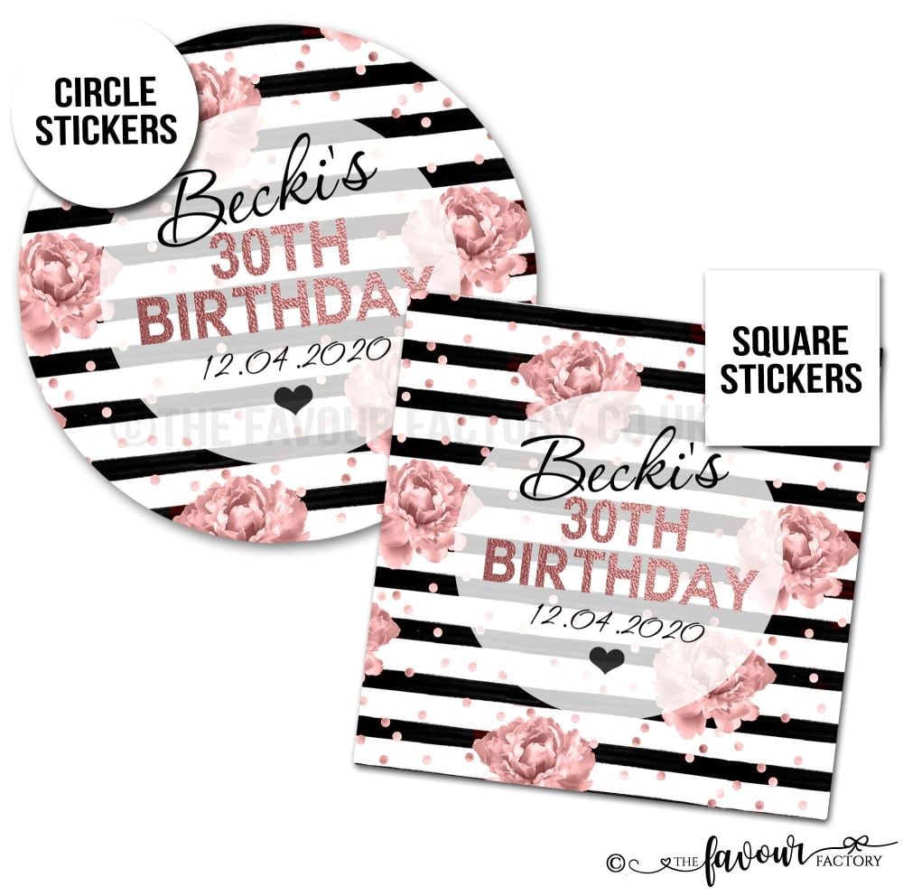 Adult Birthday Stickers Black Stripes Rose Gold Roses Confetti.