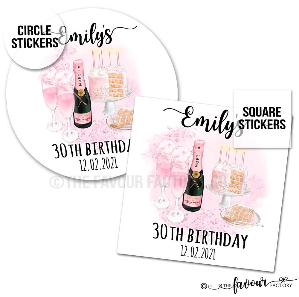 Adult Birthday Stickers Pink Champagne And Cake.