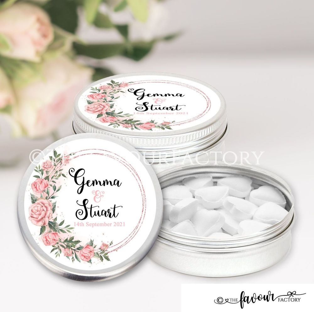 Wedding Favour Tins Rose Gold Roses Frame x1