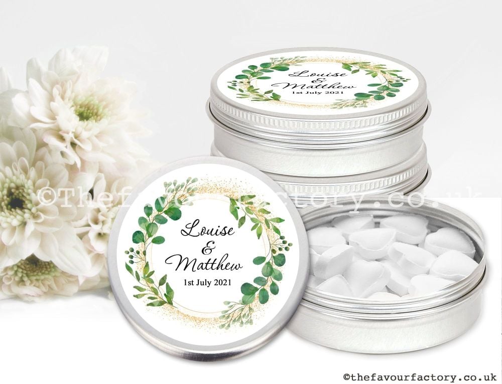 Wedding Favour Tins Botanical Wreath Gold Dust x1