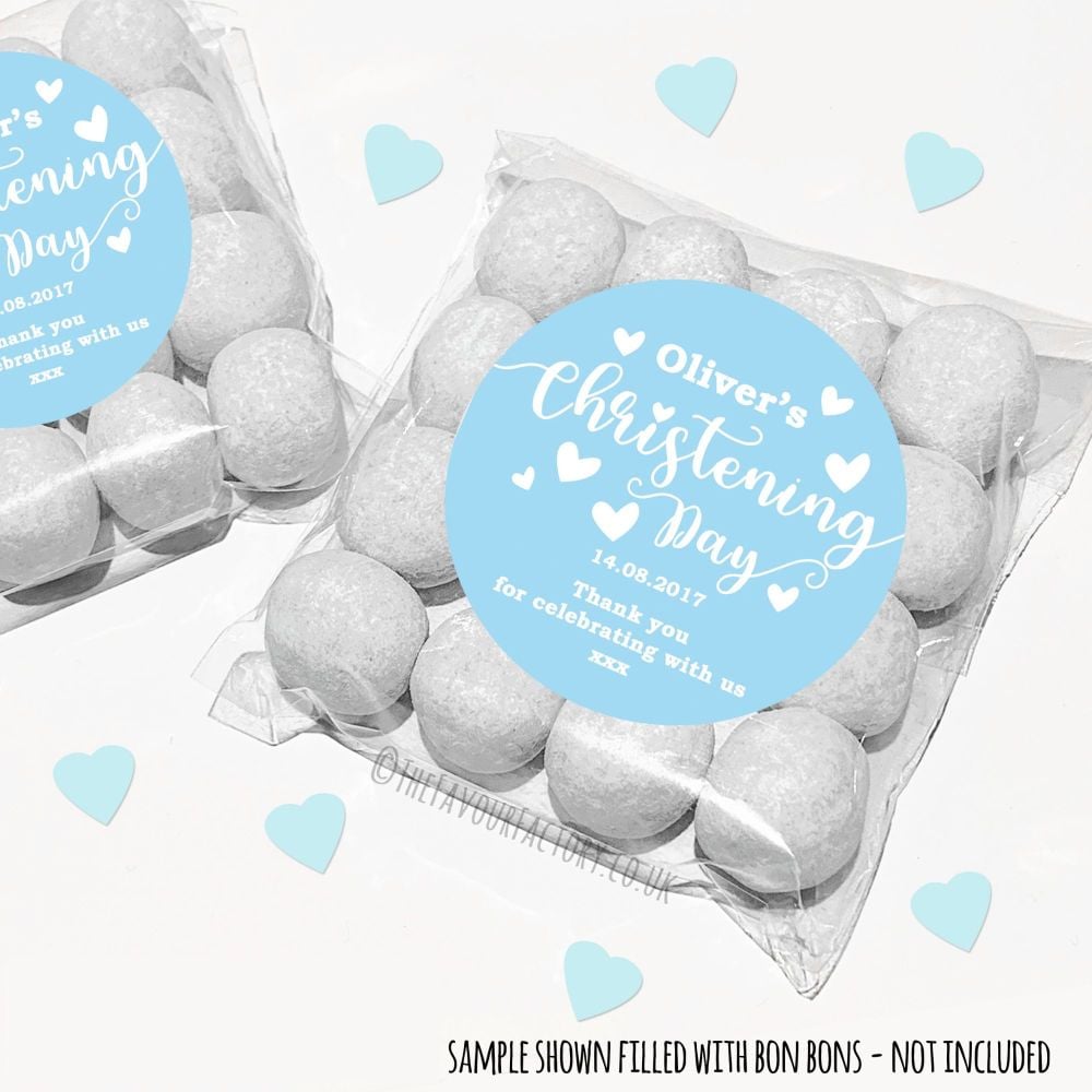 Christening Sweet Bags Kits Personalised Blue Hearts x12
