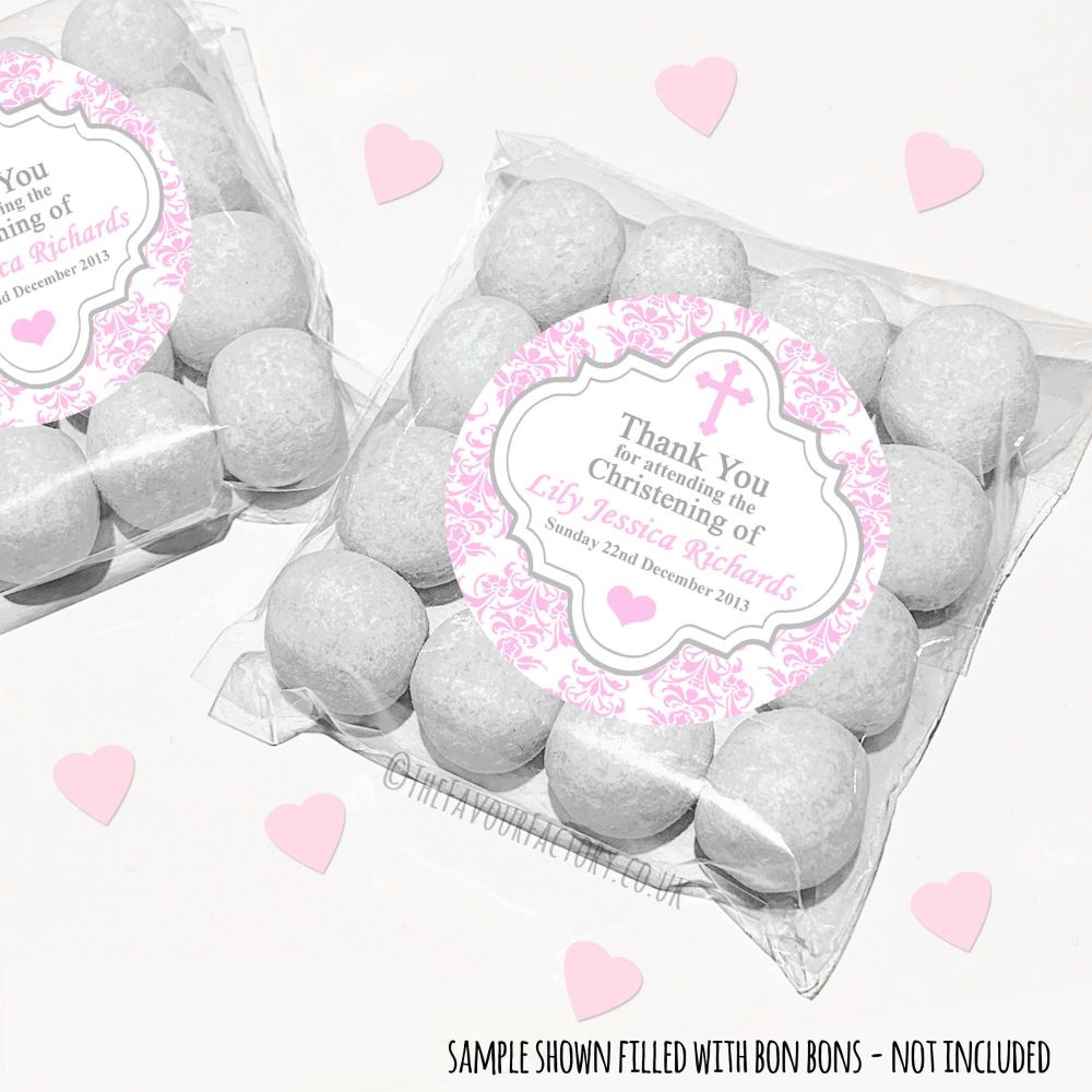 Christening Sweet Bags Kits Personalised Pink Damask x12