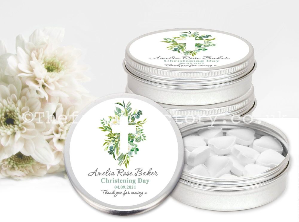 Christening Favour Tins Botanical Cross x1