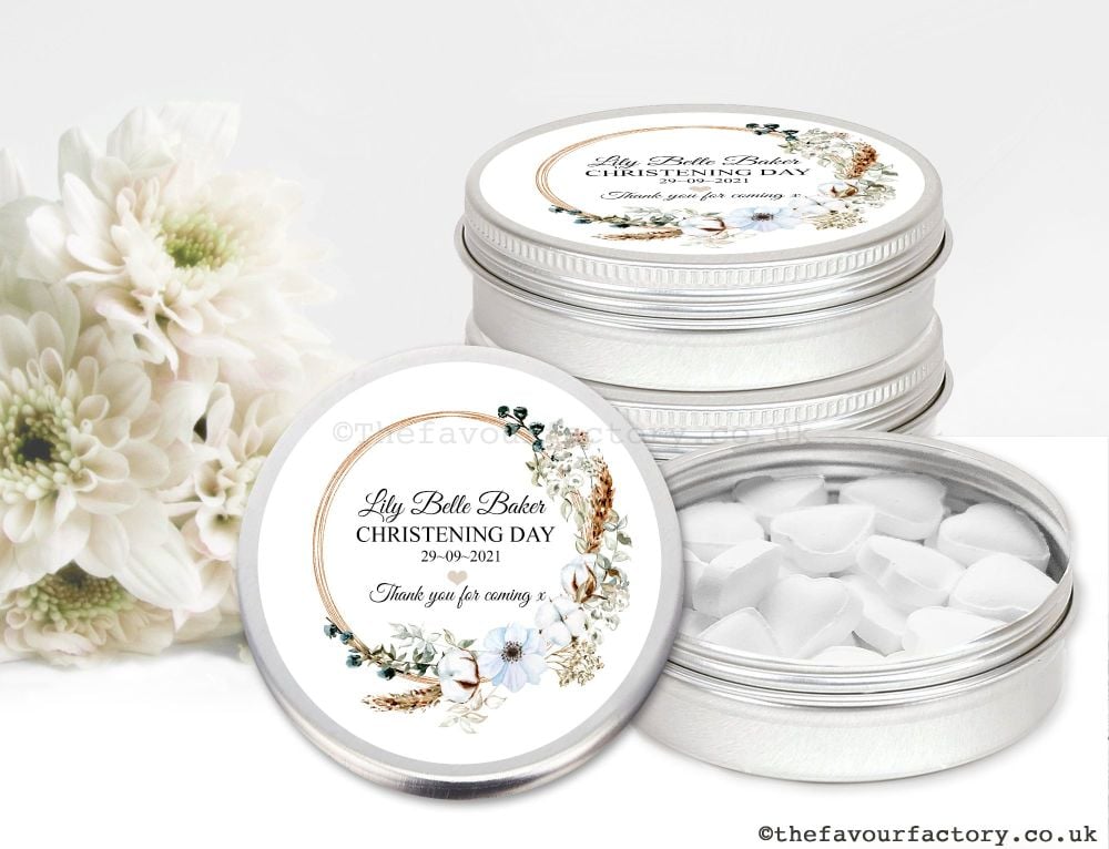 Christening Favour Tins Bohemian Floral Wreath x1