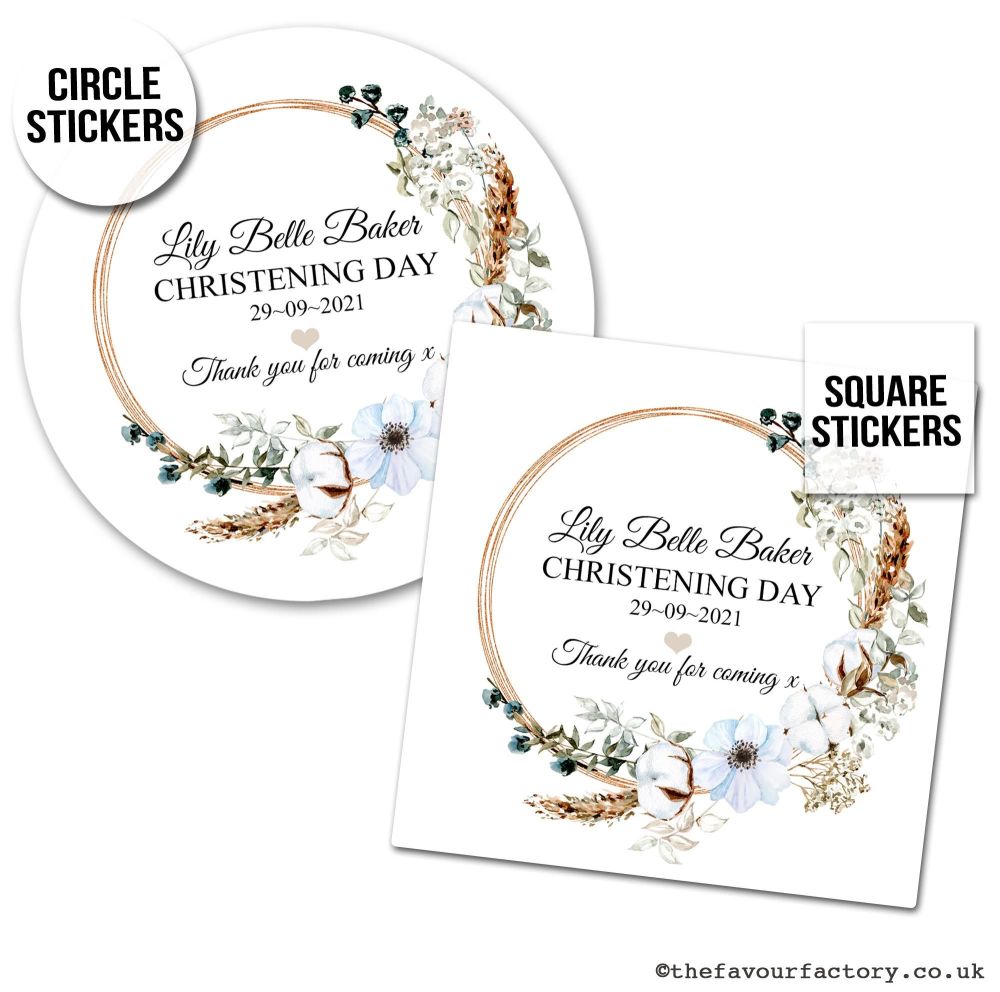 Christening Stickers Bohemian Floral Wreath 1x A4 Sheet.