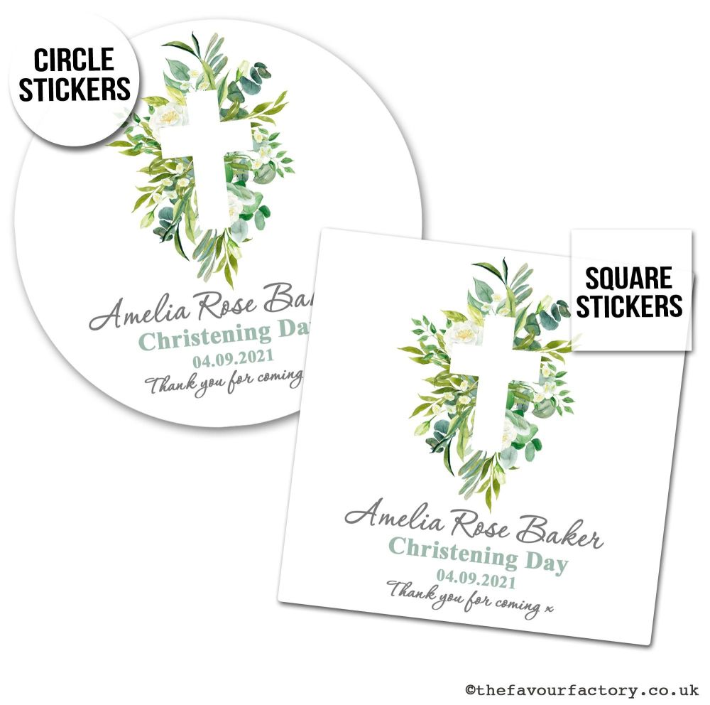 Christening Stickers Botanical Cross 1x A4 Sheet.