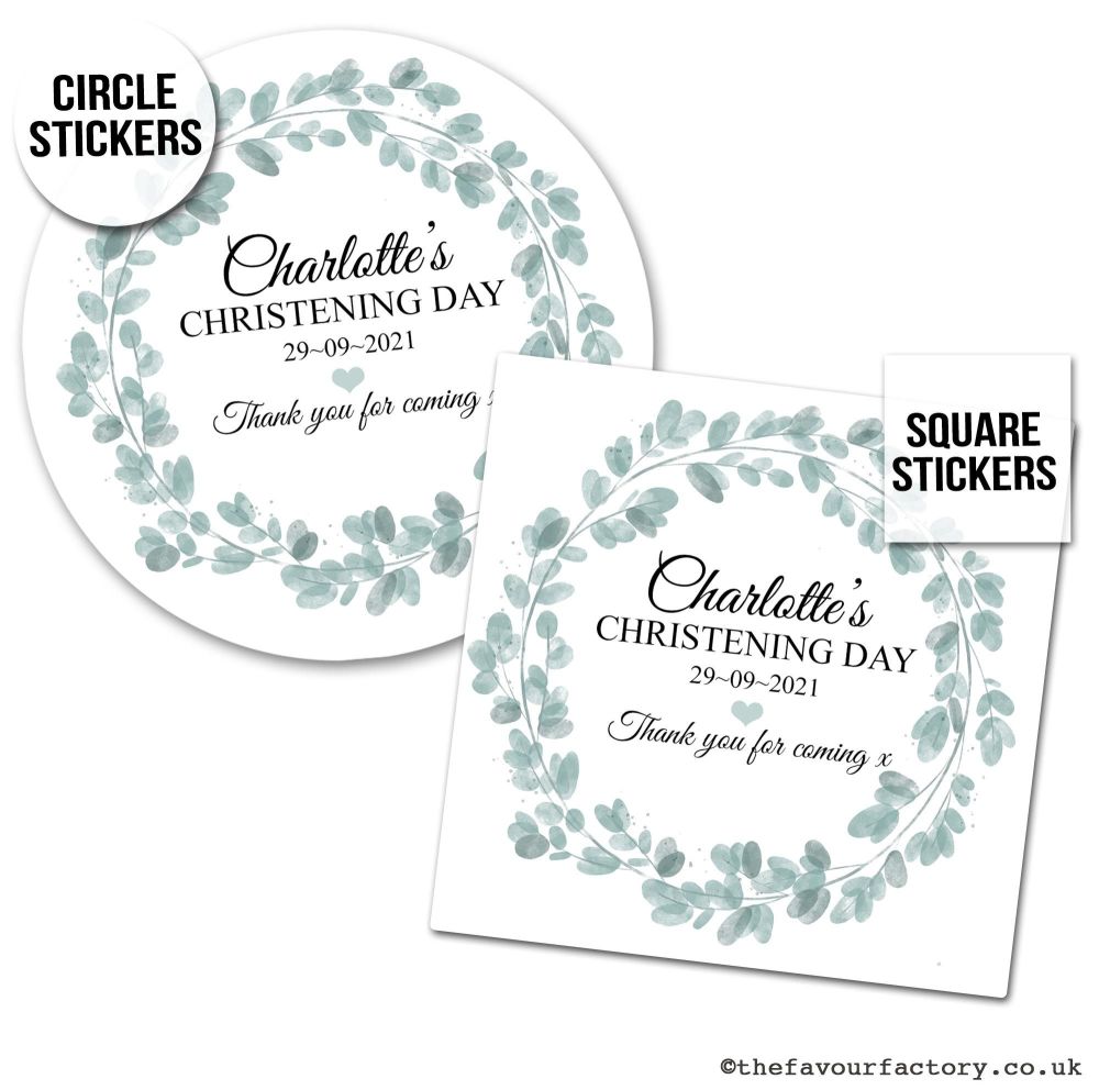 Christening Stickers Eucalyptus Wreath 1x A4 Sheet.