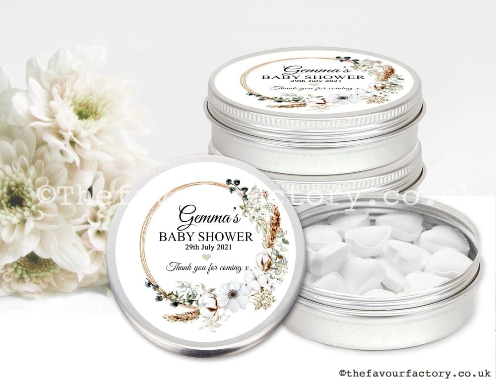 Baby Shower Favour Tins Bohemian Floral Wreath x1