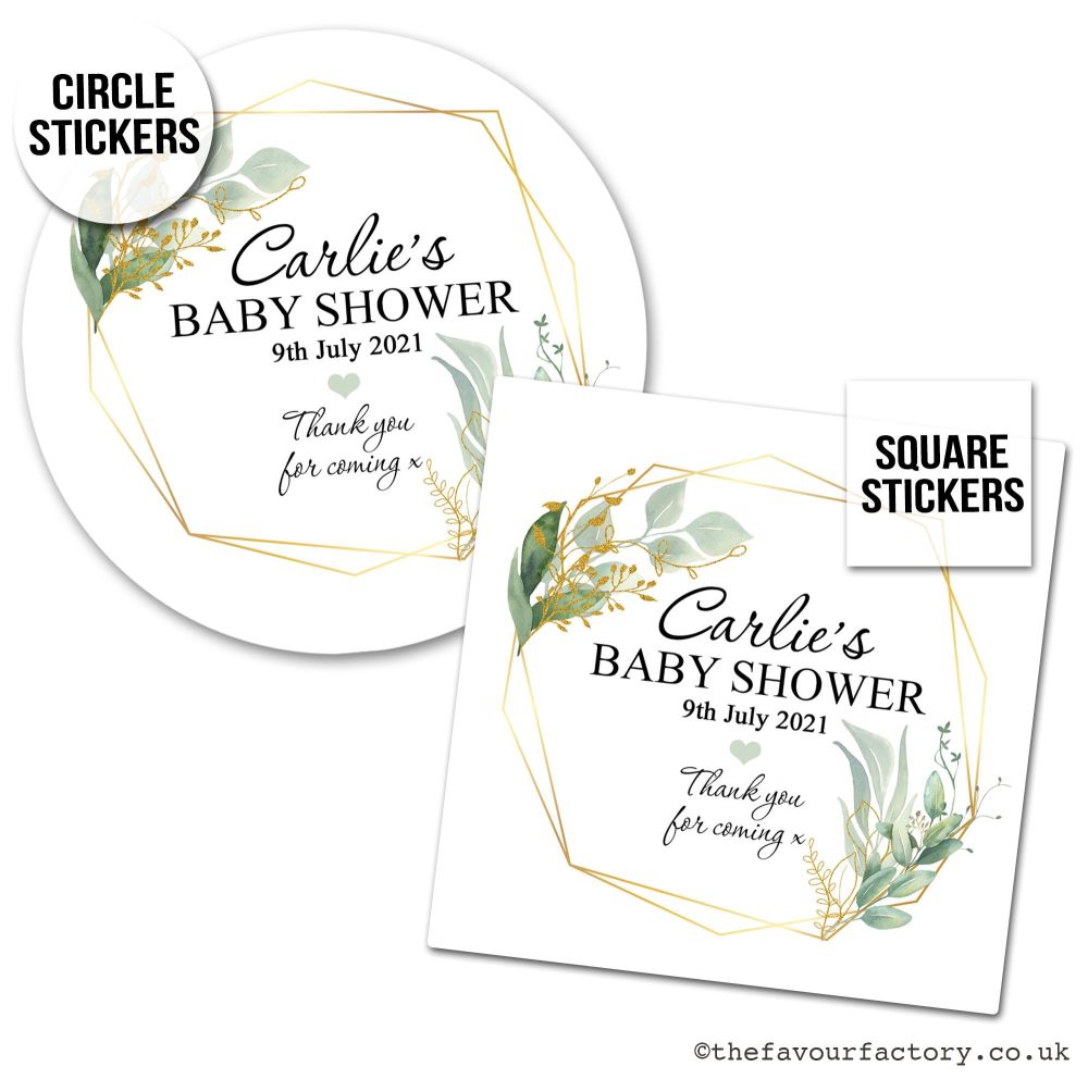 Baby Shower Stickers Geometric Botanical Gold Frame x1 A4 Sheet.