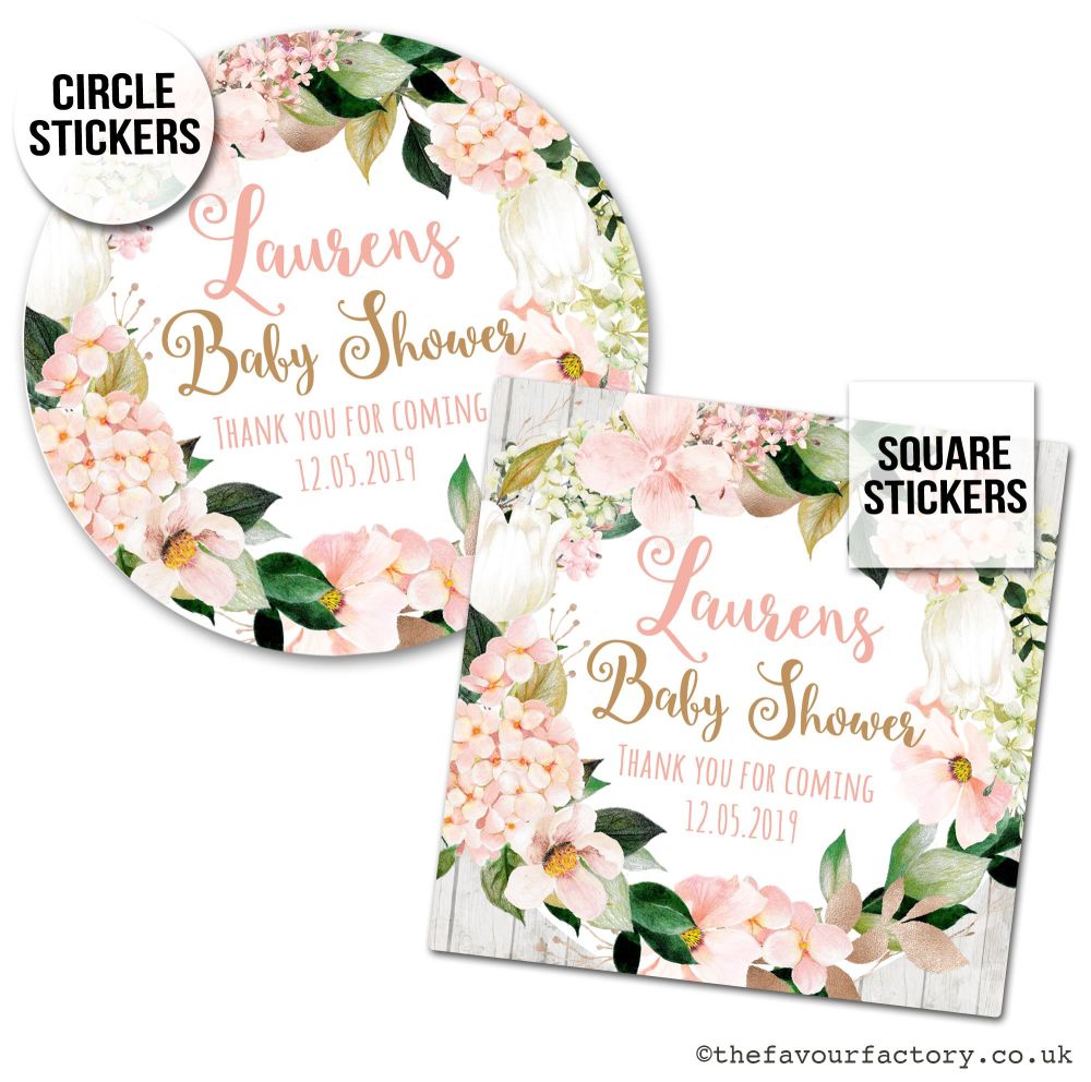 Baby Shower Stickers Blush Hydrangeas x1 A4 Sheet.