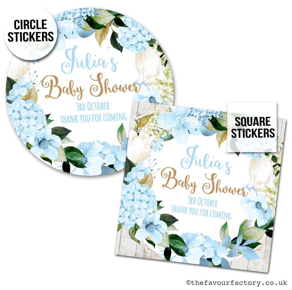 Baby Shower Stickers Blue Hydrangeas x1 A4 Sheet.