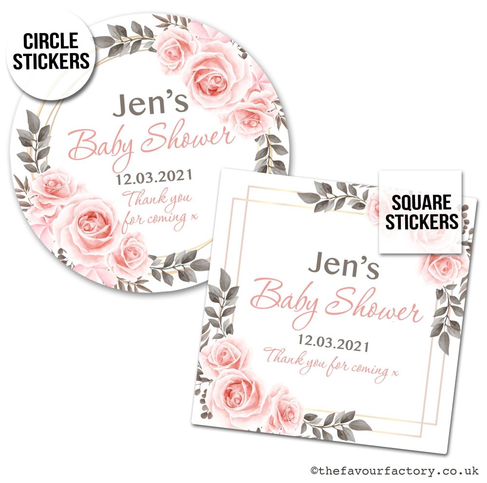 Baby Shower Stickers Blush Roses Frame x1 A4 Sheet.