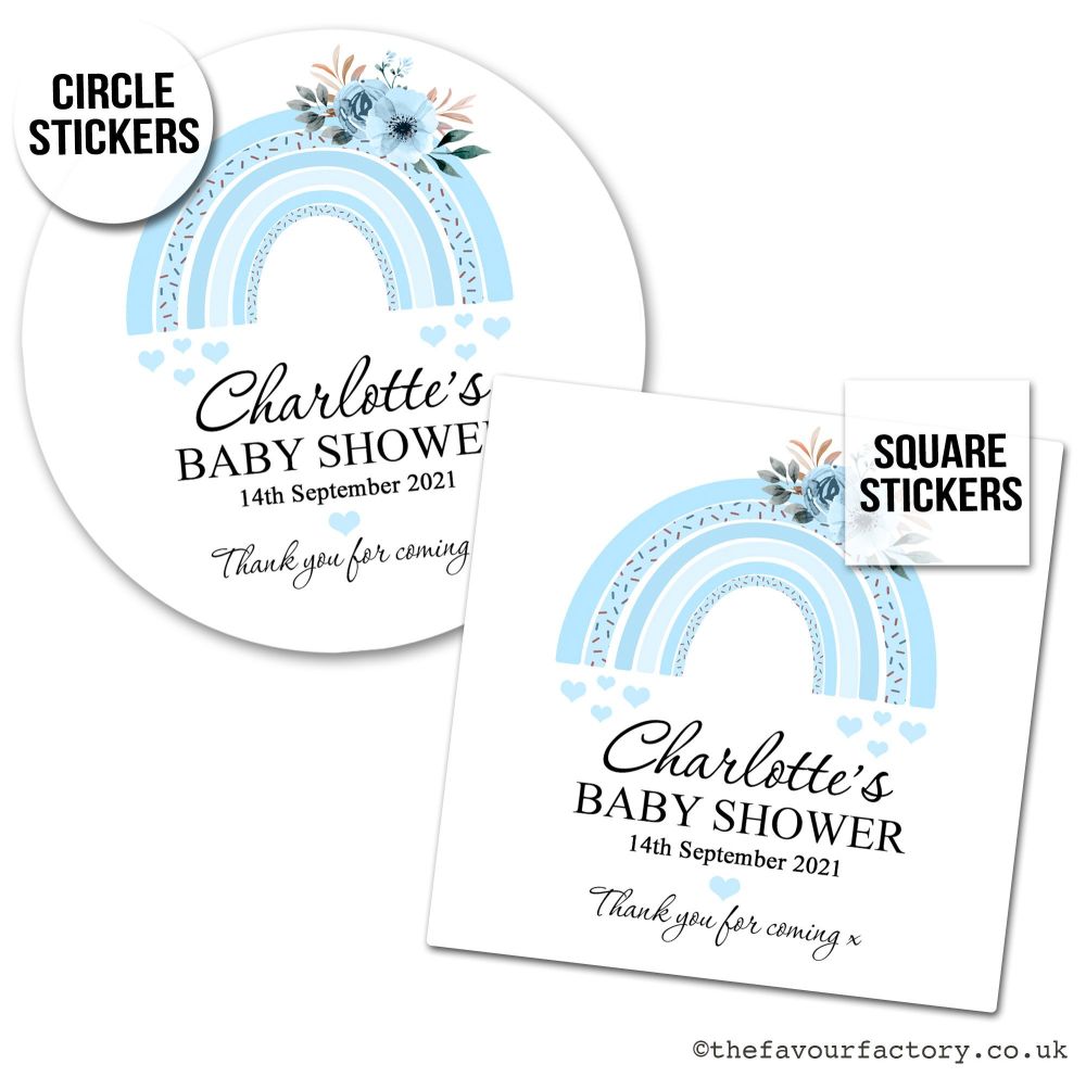 Baby Shower Stickers Blue Floral Rainbow x1 A4 Sheet.