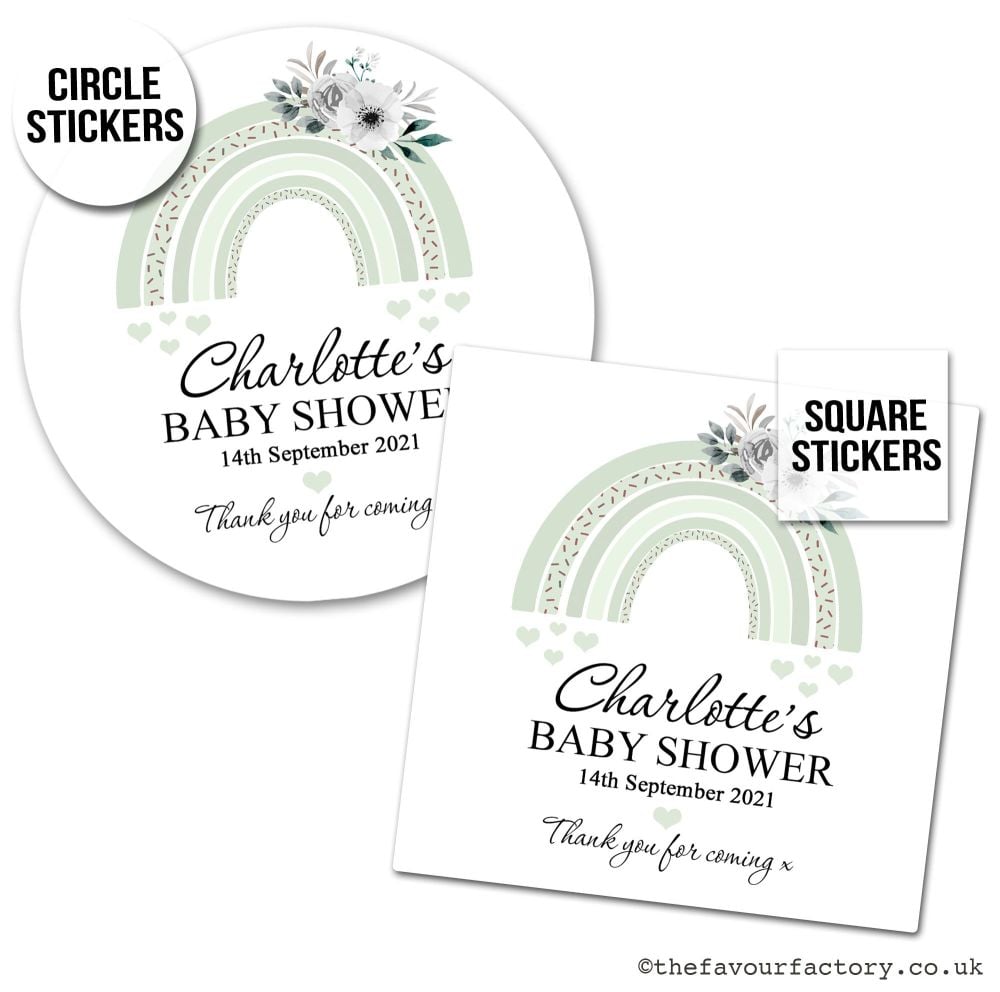 Baby Shower Stickers Green Floral Rainbow x1 A4 Sheet.