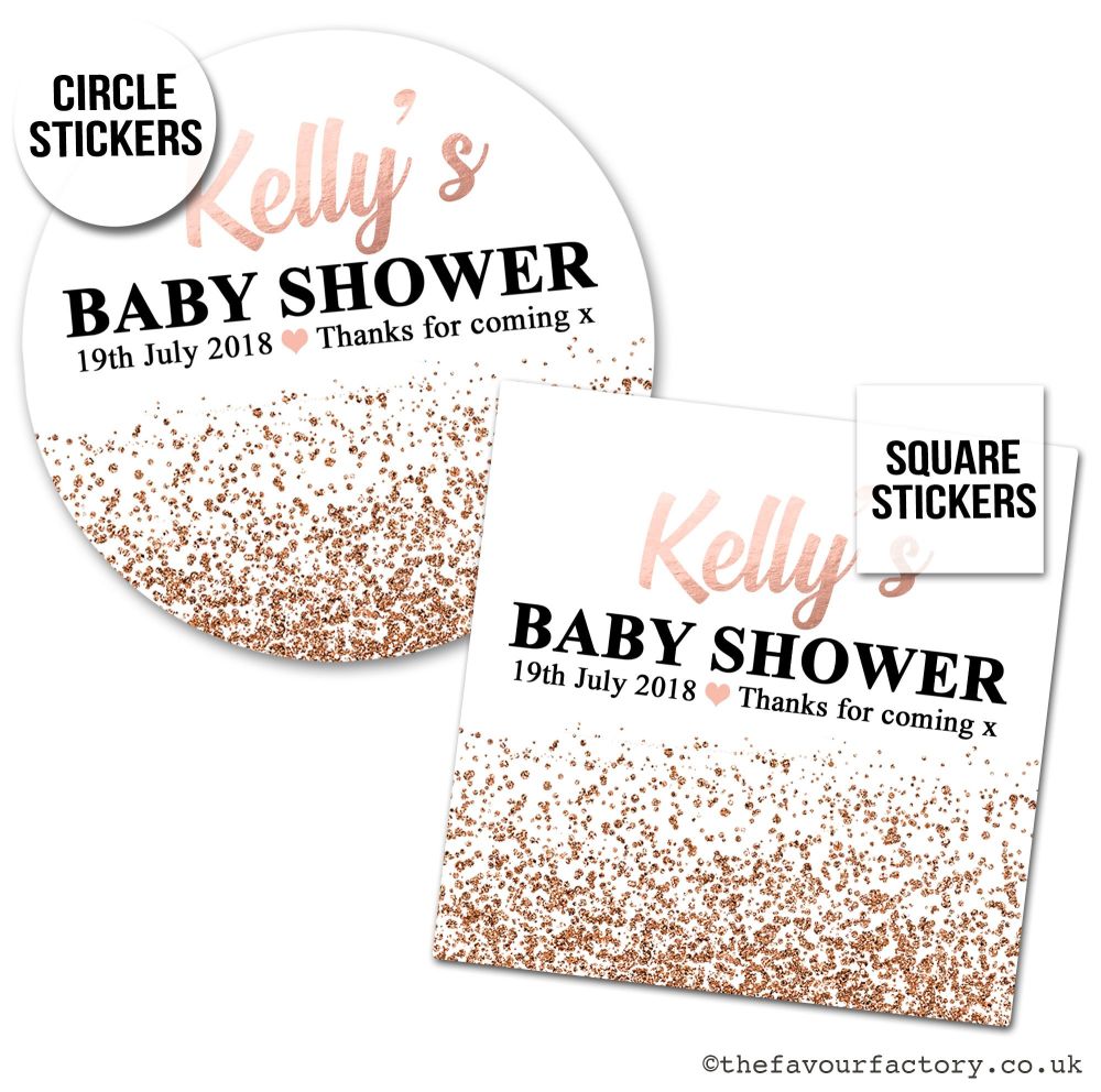 Baby Shower Stickers Rose Gold Glitter Confetti x1 A4 Sheet.