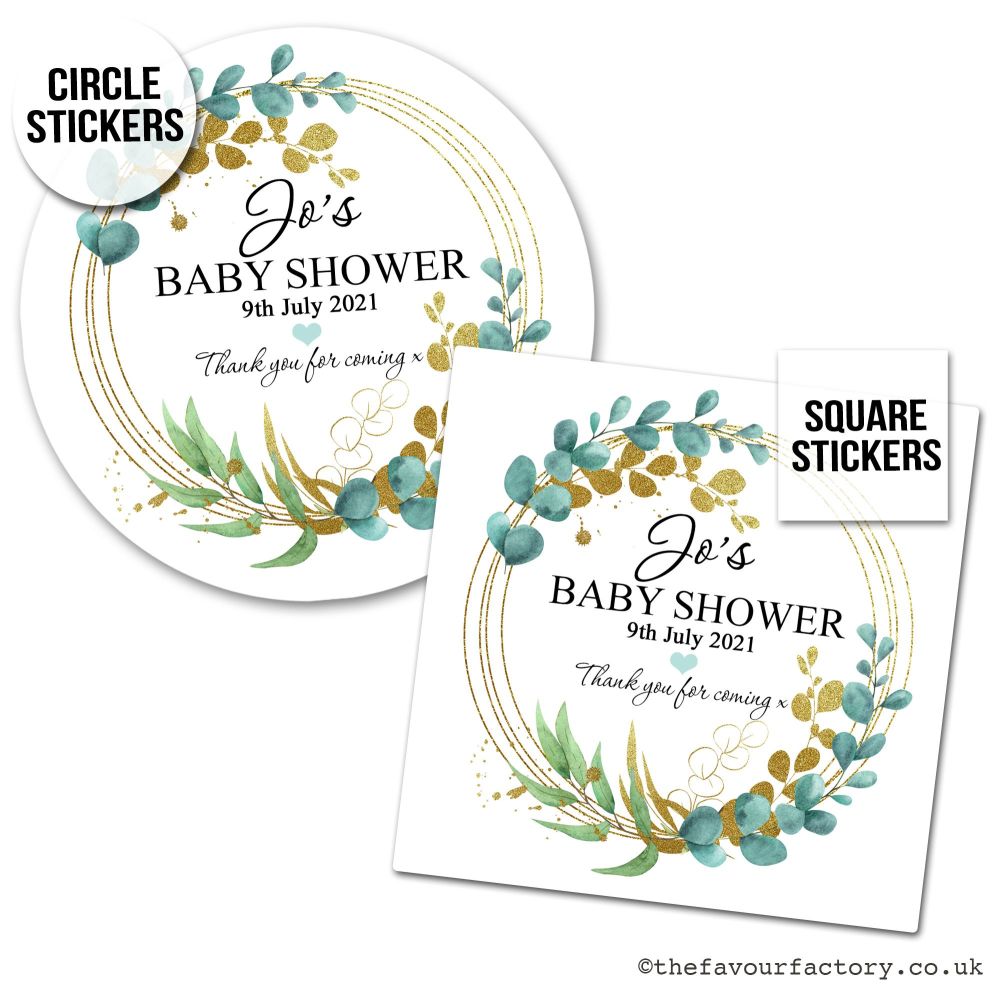 Baby Shower Stickers Eucalyptus Gold Leaf x1 A4 Sheet.