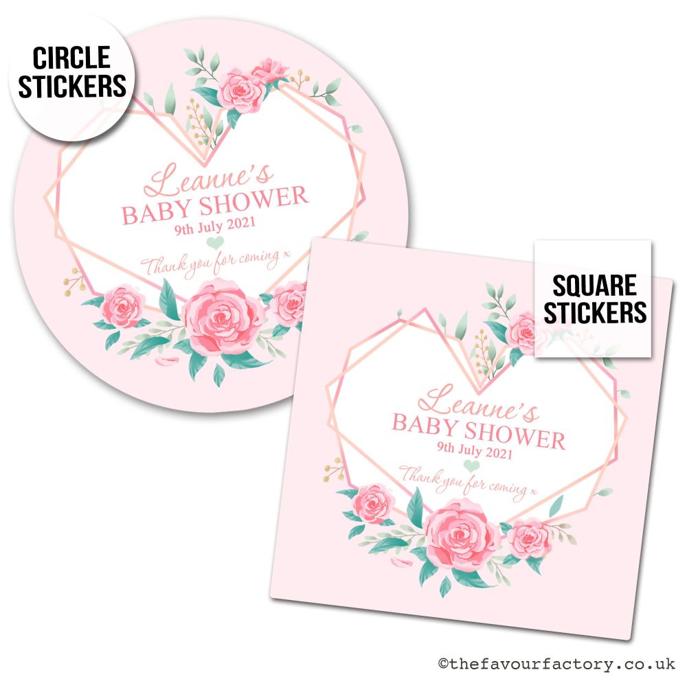 Baby Shower Stickers Geometric Floral Heart x1 A4 Sheet.