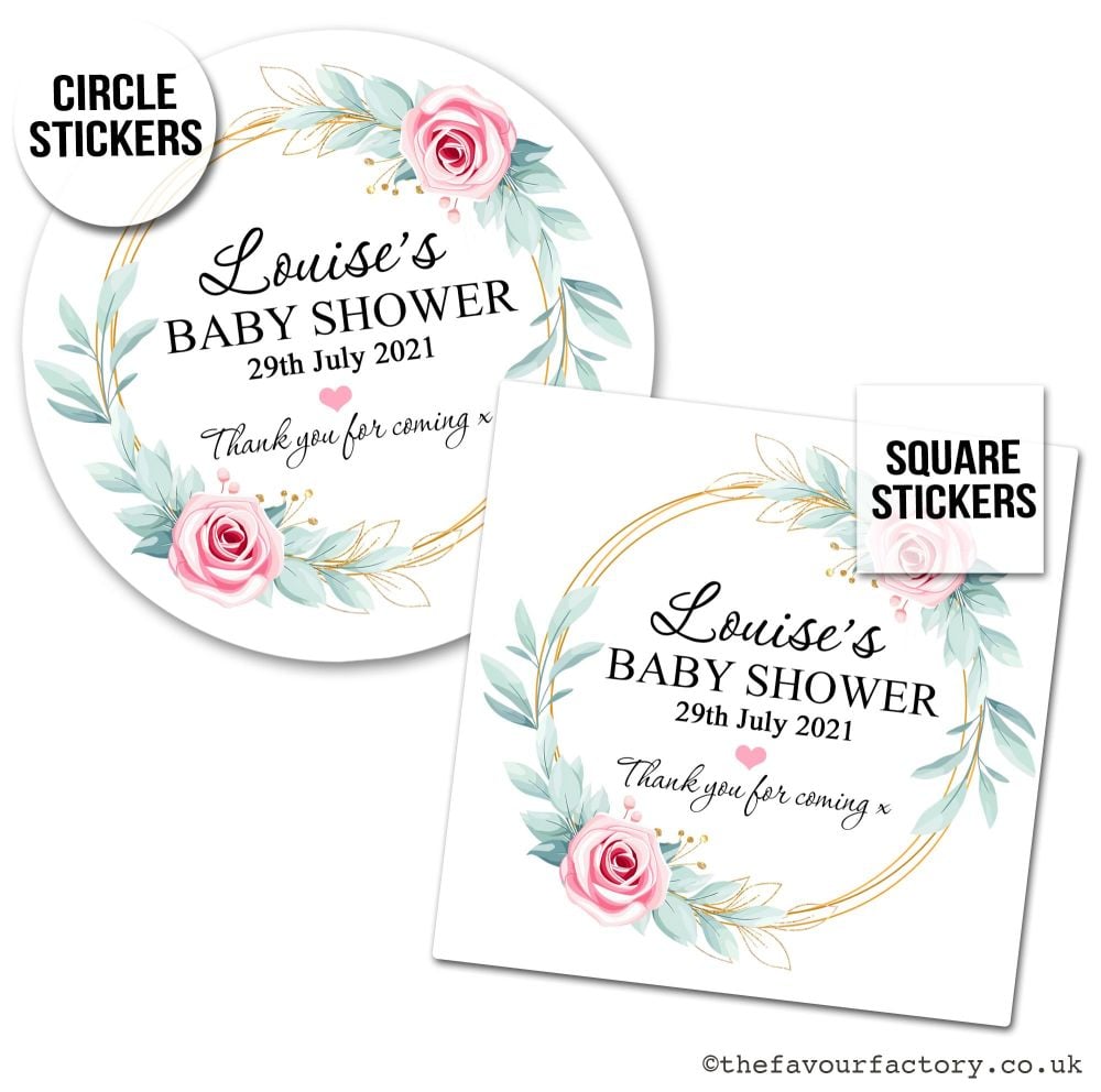 Baby Shower Stickers Pink Roses Gold Frame x1 A4 Sheet.